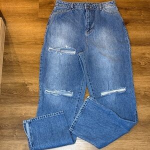 Boohoo Blue Faded Ripped High Rise Wide Lag Denim Jeans Women’s 14